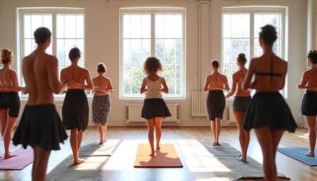 Groupe de personnes en posture de yoga dans une salle lumineuse.