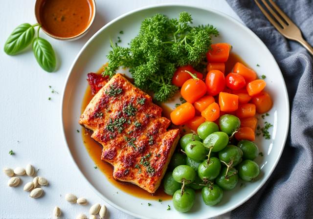 Assiette colorée de nourriture saine avec des légumes et des protéines.